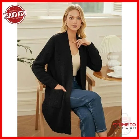 Long Fuzzy Cardigan Sweater with Pockets, Chunky Knit Winter Coat - Picture 5 of 8